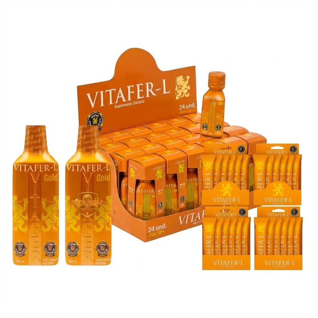 Línea Vitafer-L Gold: botella 500 ml, display y sachets
